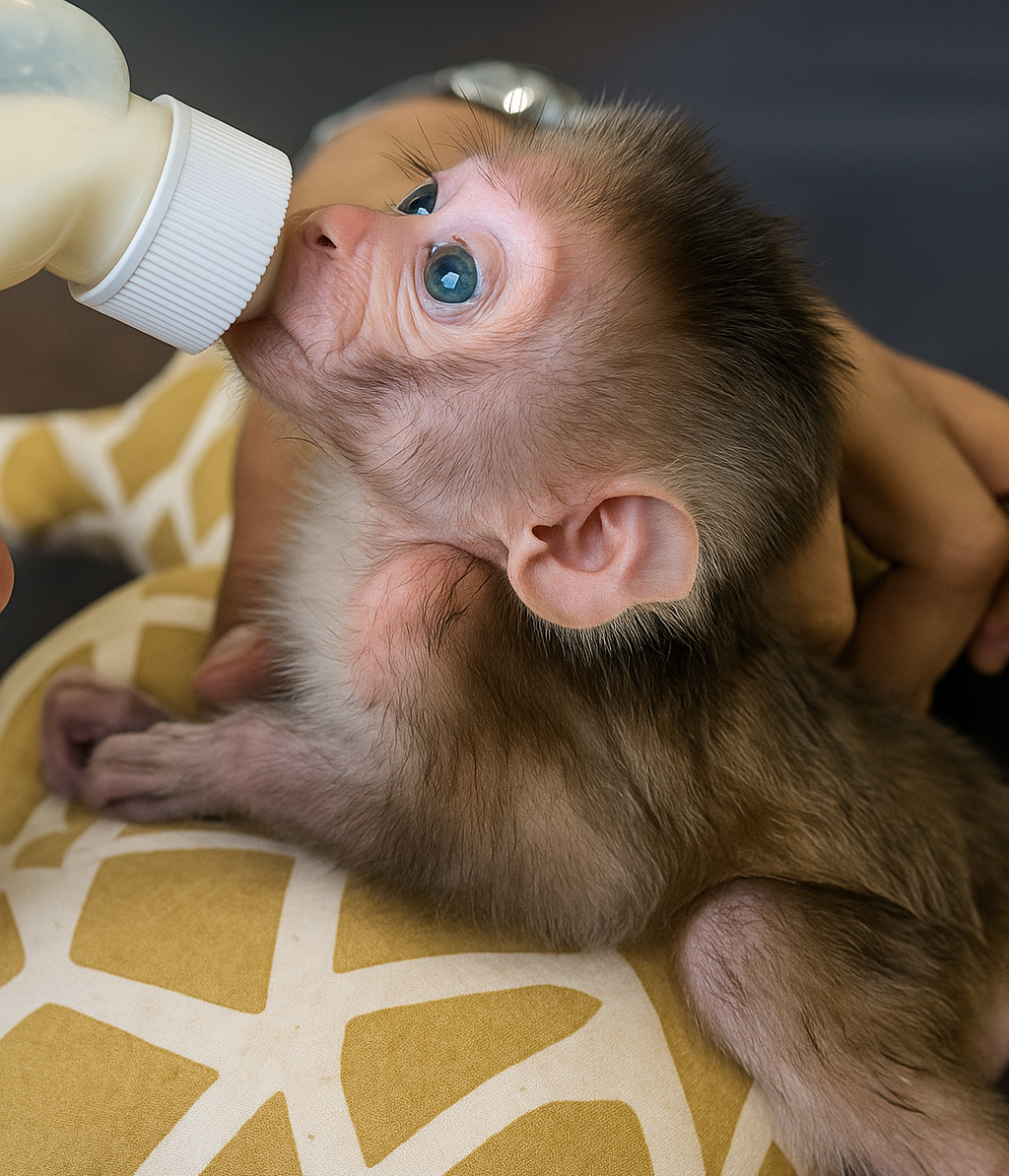 A person feeding a baby monkey